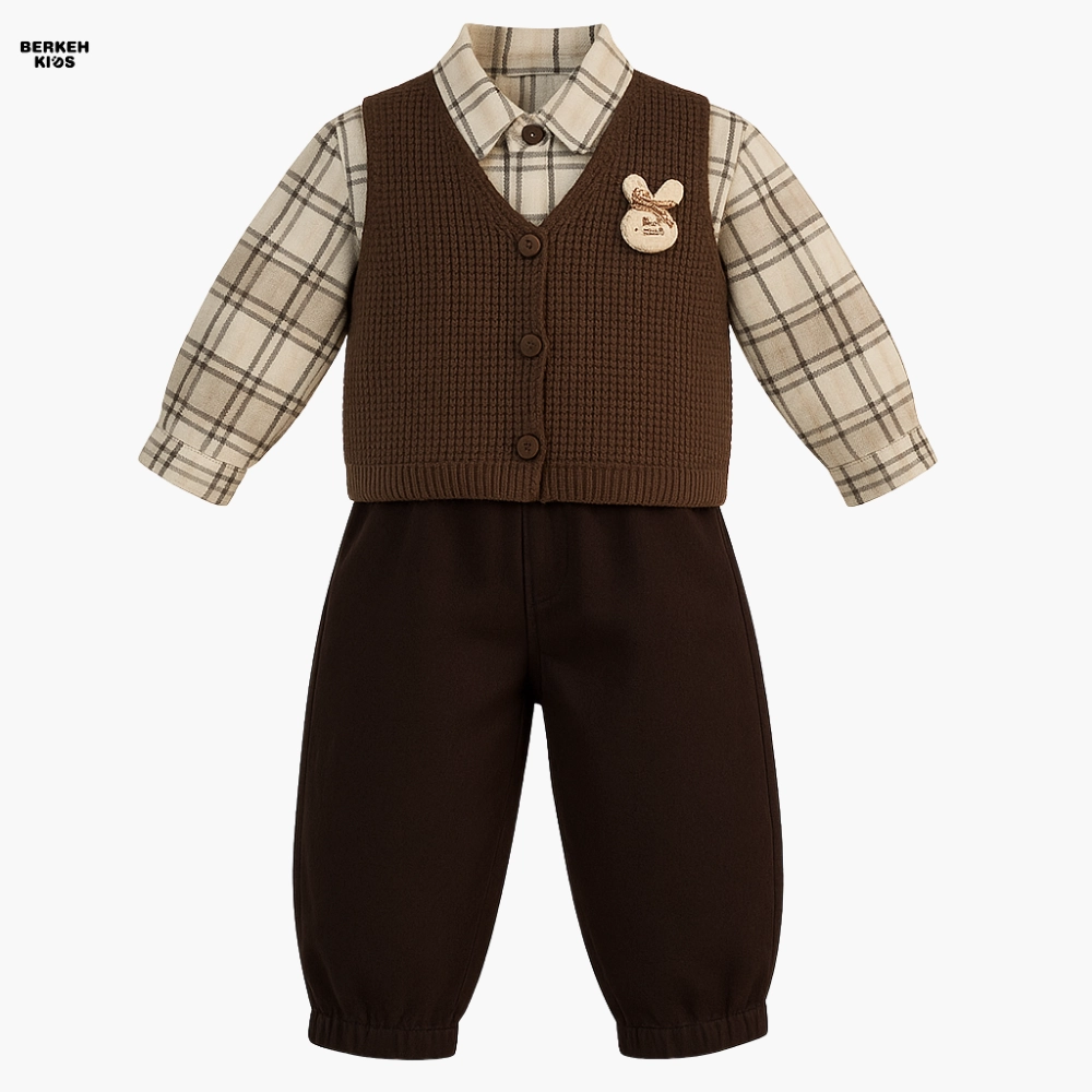 ست سه تکه پاییزه پسرانه با پیراهن کشمیر و وست بافت قهوه‌ای