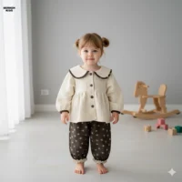 ست بلوز و شلوار دخترانه کرم و قهوه‌ای گلدار نمای اصلی