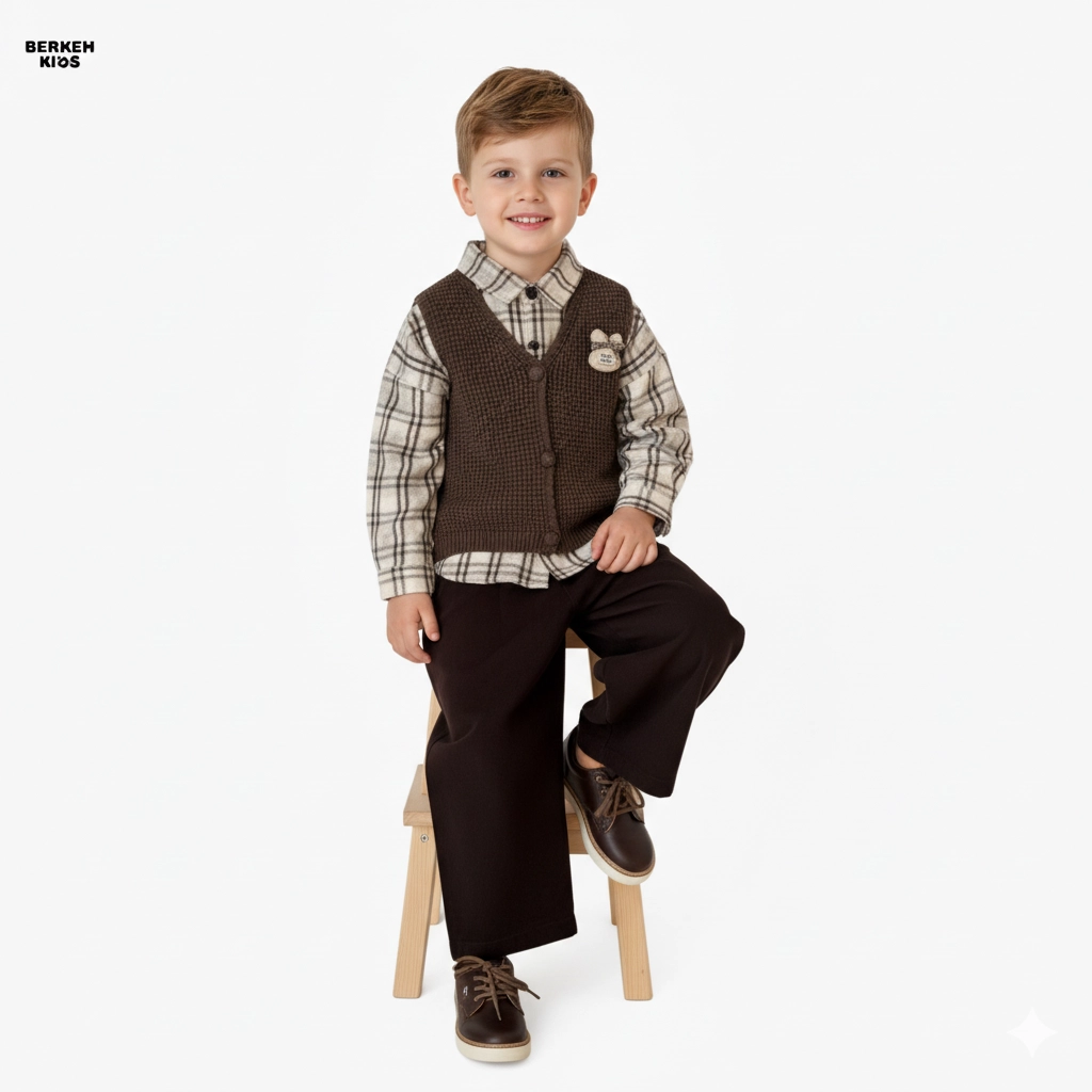 ست سه تکه پاییزه پسرانه با پیراهن کشمیر و وست بافت قهوه‌ای
