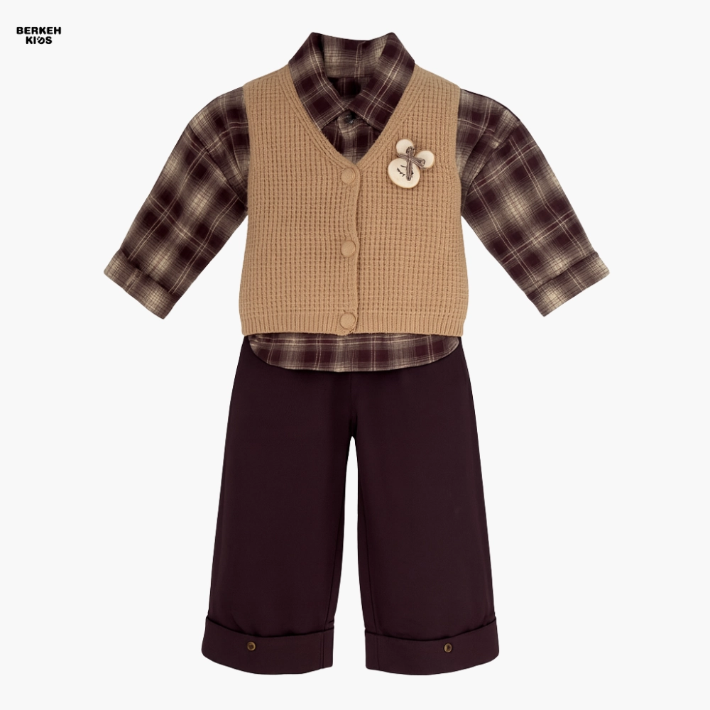 ست سهتکه دخترانه پاییزه با پیراهن کشمیر و وست بافت کرمی