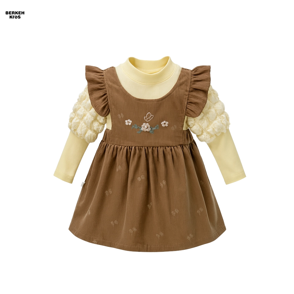 تن خور پیراهن دخترانه دو تکه پاییزه با سارافون کبریتی و شومیز آستین بلند در مدل کودک