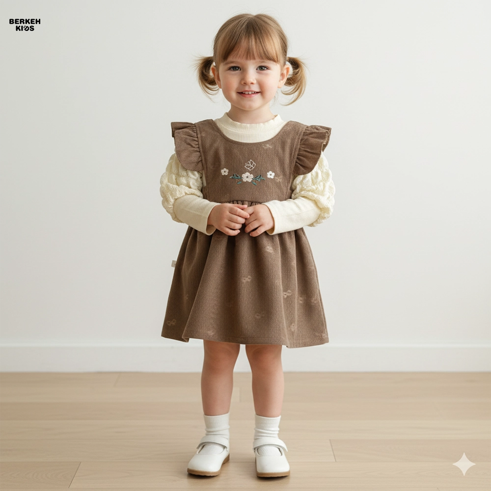 پیراهن دخترانه دو تکه پاییزه با سارافون کبریتی قهوه‌ای و شومیز آستین بلند کرم روشن