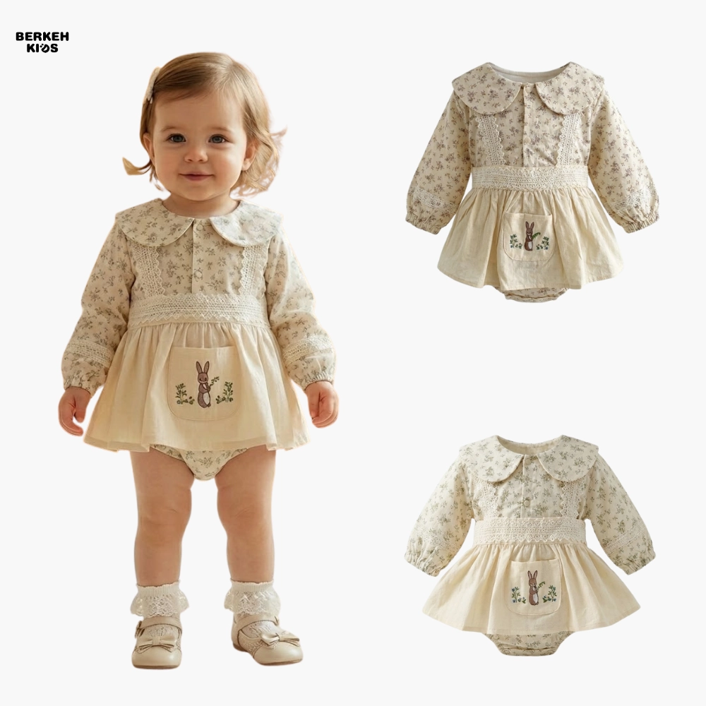 خرید بادی پیراهنی نوزادی دخترانه مجلسی با طرح خرگوش بامزه از برکه کیدز