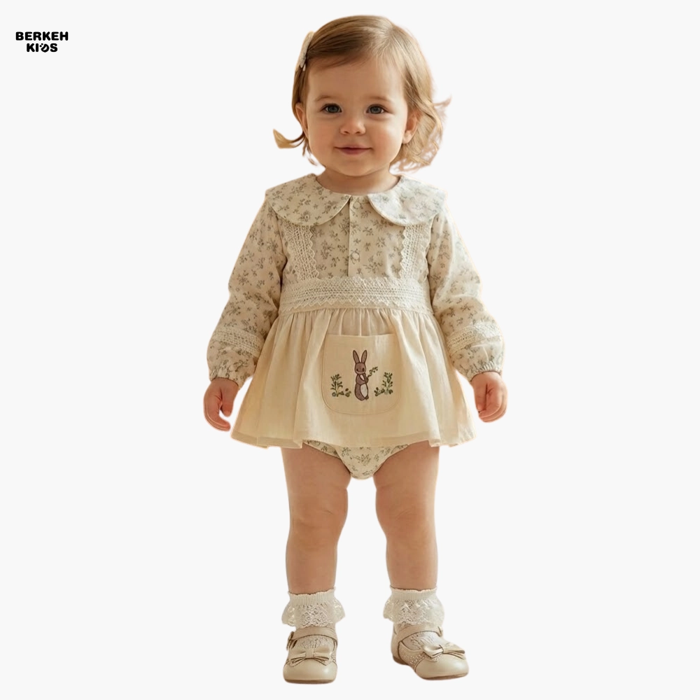 مدل خرید بادی پیراهنی نوزادی دخترانه مجلسی با طرح خرگوش بامزه از برکه کیدز