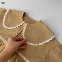 کت کتان دخترانه یقه ب ب جلو دکمه‌دار مدل حاشیه گیپور