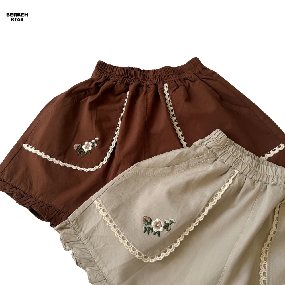 شورتک کتان کاغذی دخترانه بچگانه رنگ قهوه ای و طوسی