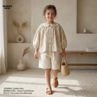 دختربچه ۴ ساله در حال قدم زدن با شومیز گل‌گلی قواره آزاد و شلوارک نخی کرم