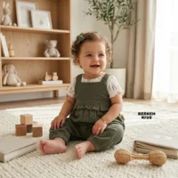 سرهمی دخترانه نوزادی با طراحی چین‌دار روی سینه و بندهای شانه‌ای