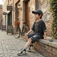 عکس تنخور تیشرت لش پسرانه مشکی ست شده با شلوارک جین زاپ‌دار
