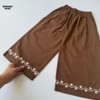 شلوار گشاد دخترانه کتان کاغی خنک رنگ قهه ای با دمپا گلدوزی
