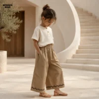 خرید شلوار واید لگ دخترانه بچه گانه رنگ کرم تیره