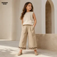استایل شیک شلوار بیرونی دخترانه کتان کاغذی رنگ کرم روشن