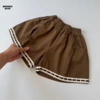 شلوارک کتان کاغذی خنک دخترانه مدل خمره‌ای رنگ قهوه‌ای شکلاتی