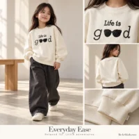 بلوز دورس دخترانه کرم روشن طرح عینک Life is good