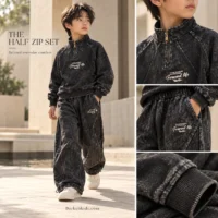 استایل کره ای بچگانه پسرانه با سویشرت نیم زیپو شلوار اسلش مشکی سنگشور وارداتی و ترند